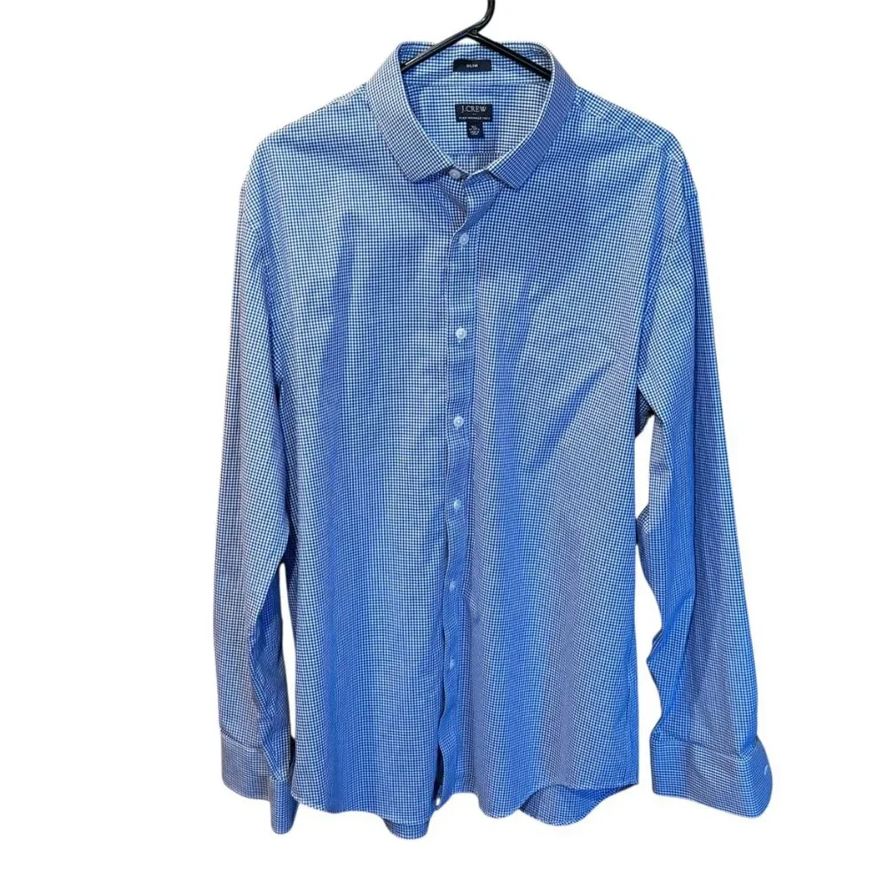 J.Crew Flex Wrinkle-Free‎ Blue Gingham Dress Shirt XL (17-17½)